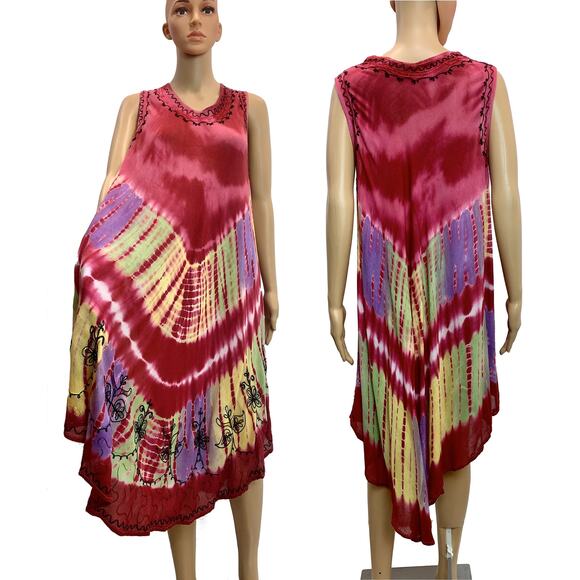 90's Y2K Multi Color Tie Dye Gauze Tent Dress | Fits M/L - Picture 9 of 10